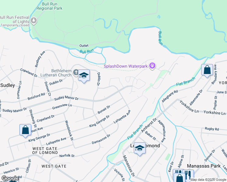 map of restaurants, bars, coffee shops, grocery stores, and more near 9502 Sudley Manor Drive in Manassas