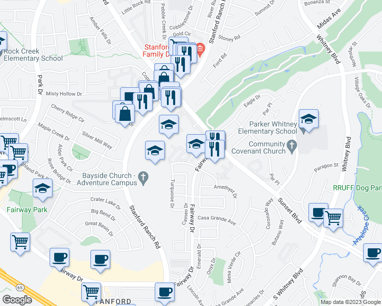 map of restaurants, bars, coffee shops, grocery stores, and more near 2206 Zephyr Cove in Rocklin
