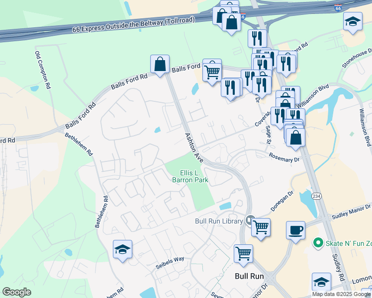 map of restaurants, bars, coffee shops, grocery stores, and more near 11053 Camfield Court in Manassas