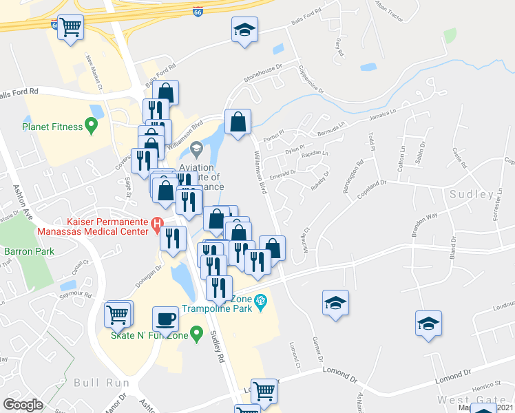 map of restaurants, bars, coffee shops, grocery stores, and more near 10540 Falkirk Way in Manassas