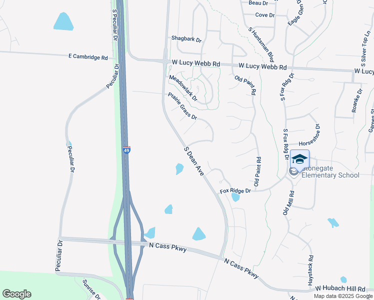 map of restaurants, bars, coffee shops, grocery stores, and more near South Dean Avenue in Raymore