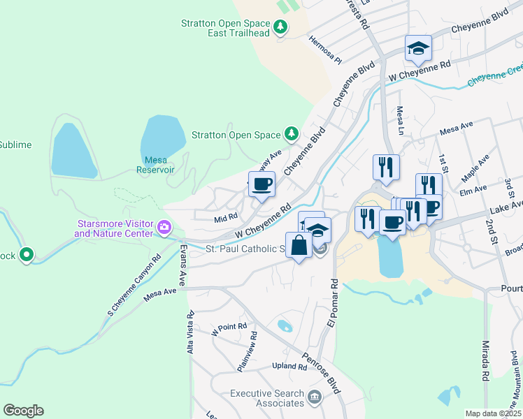 map of restaurants, bars, coffee shops, grocery stores, and more near 1670 Cheyenne Boulevard in Colorado Springs