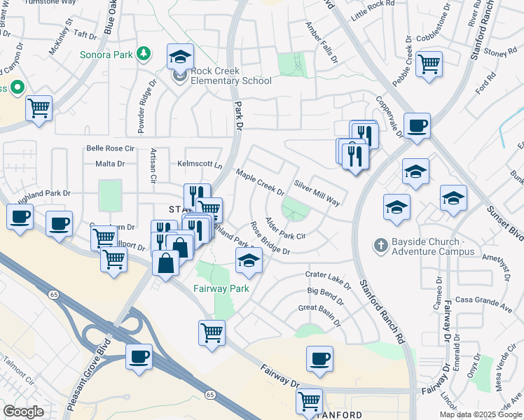 map of restaurants, bars, coffee shops, grocery stores, and more near 6693 Alder Park Circle in Roseville