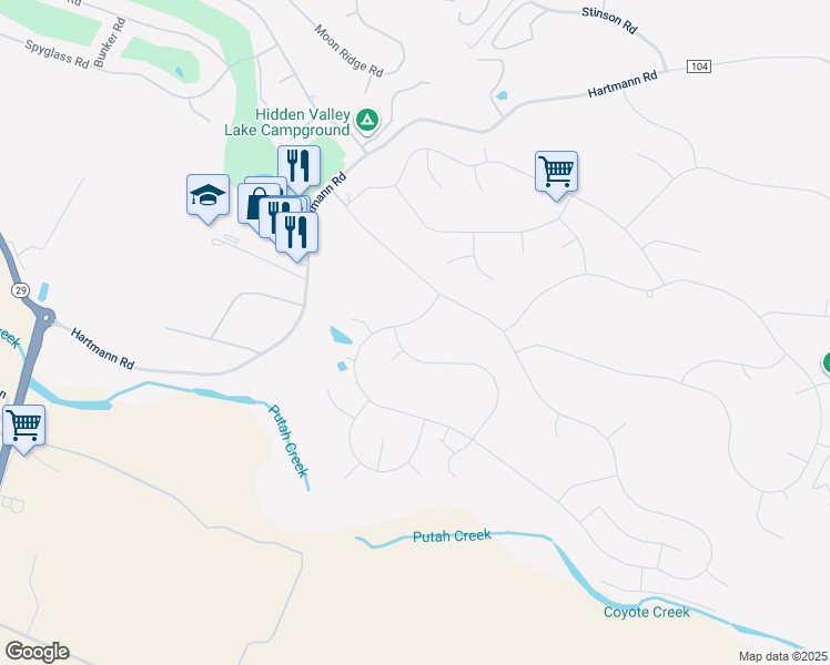 map of restaurants, bars, coffee shops, grocery stores, and more near 19275 Mountain Meadow South in Hidden Valley Lake