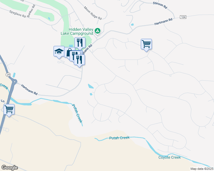 map of restaurants, bars, coffee shops, grocery stores, and more near 19275 Mountain Meadow South in Hidden Valley Lake