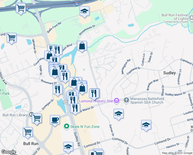 map of restaurants, bars, coffee shops, grocery stores, and more near 7546 Belle Grae Drive in Manassas