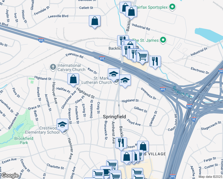 map of restaurants, bars, coffee shops, grocery stores, and more near 5809 Brunswick Street in Springfield