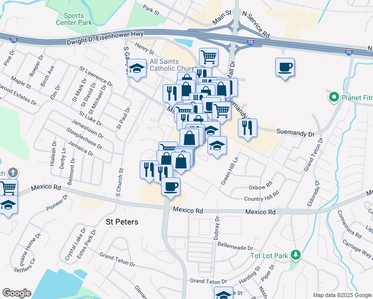 map of restaurants, bars, coffee shops, grocery stores, and more near in St. Peters