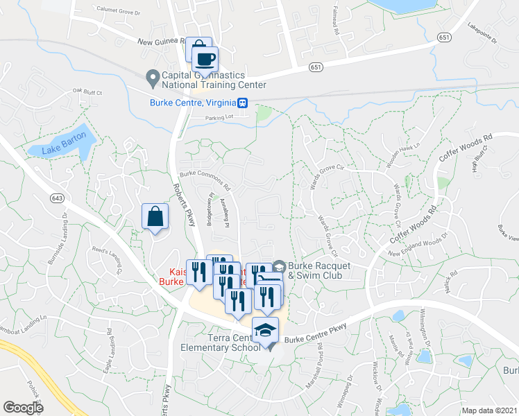 map of restaurants, bars, coffee shops, grocery stores, and more near 12291 Wye Oak Commons Circle in Burke