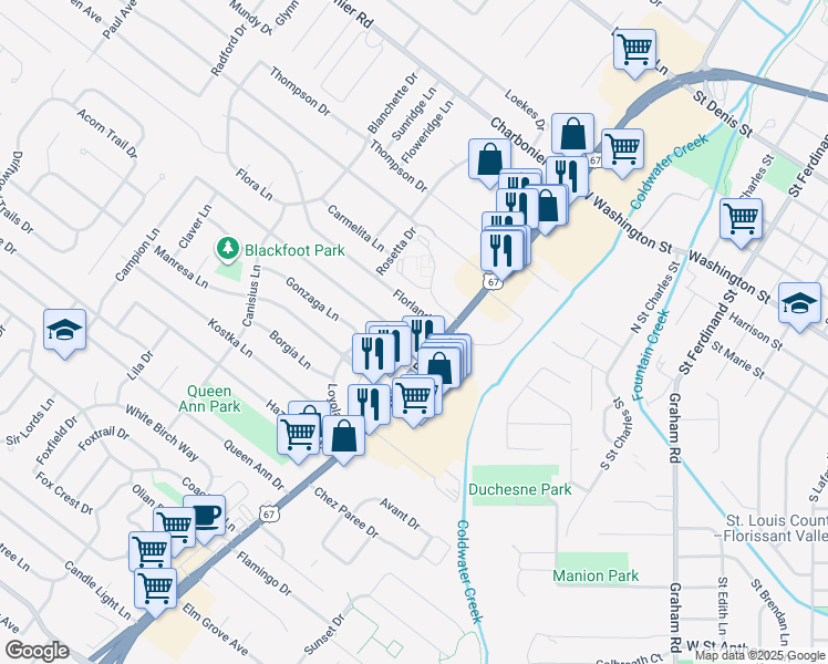 map of restaurants, bars, coffee shops, grocery stores, and more near 635 Loyola Drive in Florissant