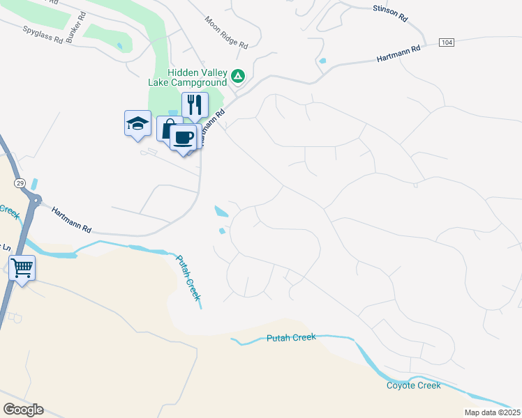 map of restaurants, bars, coffee shops, grocery stores, and more near 19350 Old Creek Road in Hidden Valley Lake