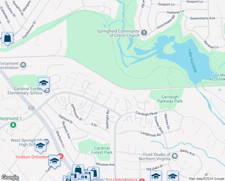 map of restaurants, bars, coffee shops, grocery stores, and more near 5900E Kingsford Road in Springfield