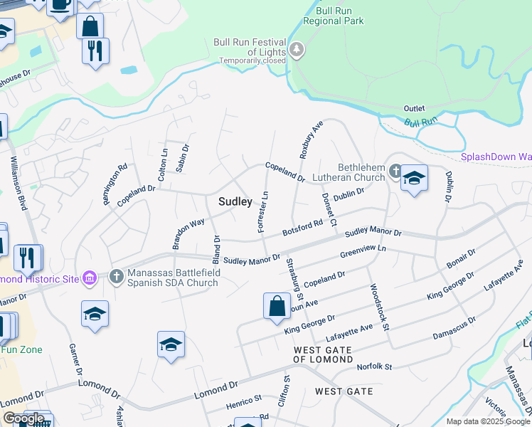 map of restaurants, bars, coffee shops, grocery stores, and more near 7513 Forrester Lane in Manassas