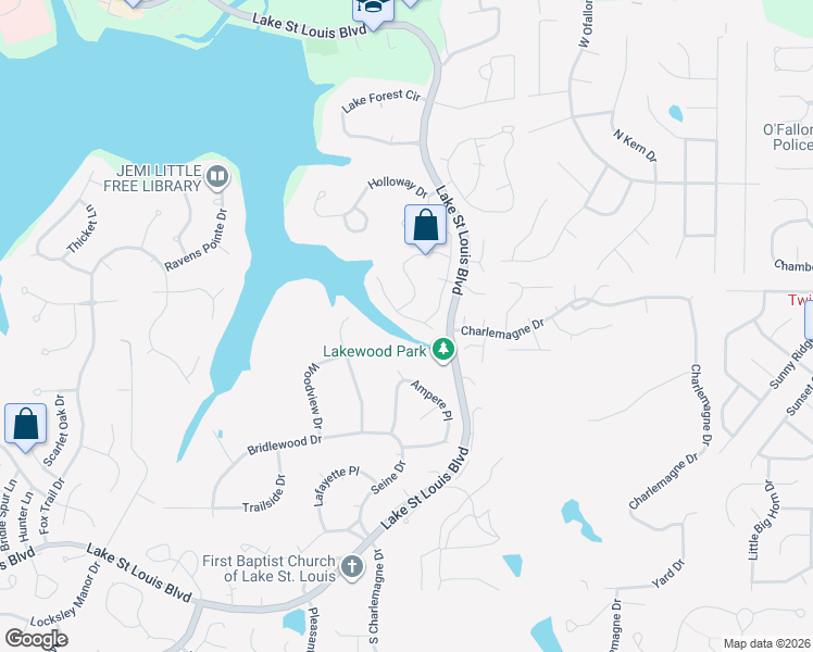 map of restaurants, bars, coffee shops, grocery stores, and more near 674 Lakewood Drive in Lake Saint Louis