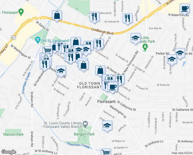 map of restaurants, bars, coffee shops, grocery stores, and more near 801 Rue St. Francois Street in Florissant