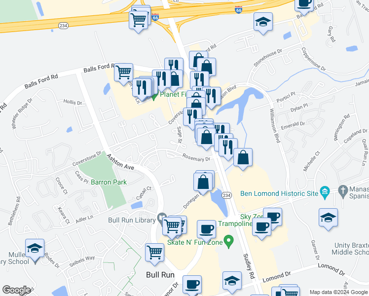 map of restaurants, bars, coffee shops, grocery stores, and more near 10789 Primrose Court in Manassas