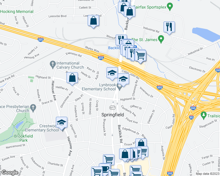 map of restaurants, bars, coffee shops, grocery stores, and more near 5809 Brunswick Street in Springfield