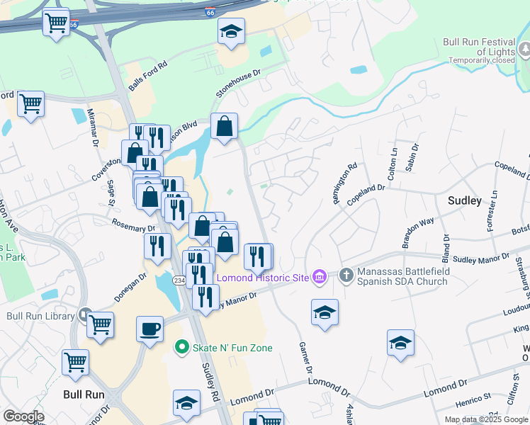 map of restaurants, bars, coffee shops, grocery stores, and more near 7546 Belle Grae Drive in Manassas
