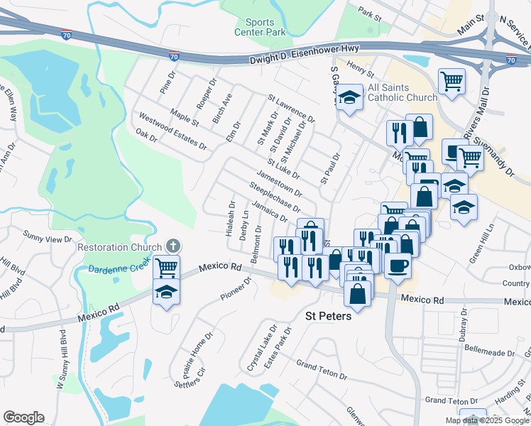 map of restaurants, bars, coffee shops, grocery stores, and more near 23 Jamaica Drive in Saint Peters