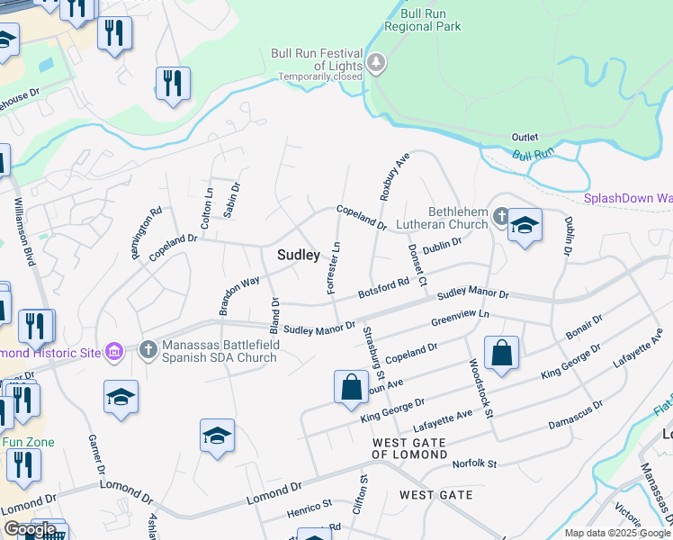 map of restaurants, bars, coffee shops, grocery stores, and more near 7513 Forrester Lane in Manassas