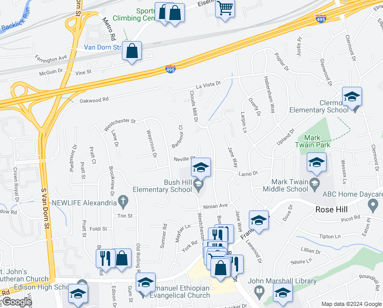 map of restaurants, bars, coffee shops, grocery stores, and more near 5316 Neville Court in Alexandria