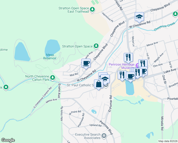 map of restaurants, bars, coffee shops, grocery stores, and more near 1670 Cheyenne Boulevard in Colorado Springs