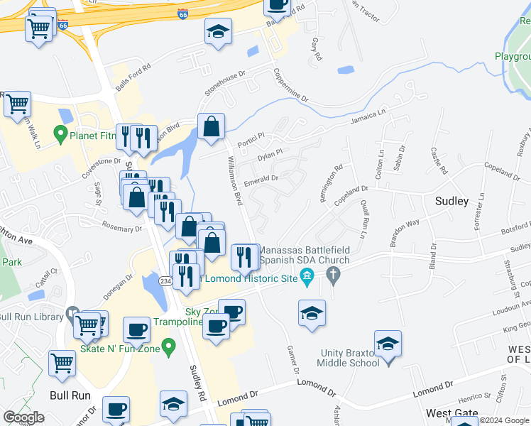 map of restaurants, bars, coffee shops, grocery stores, and more near 10460 Paradise Court in Manassas