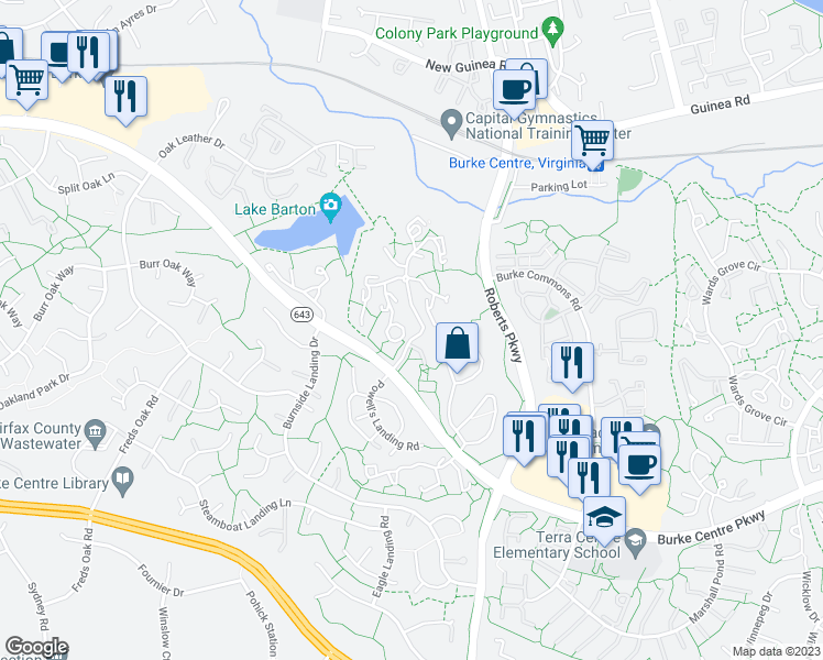 map of restaurants, bars, coffee shops, grocery stores, and more near 5932 Cove Landing Road in Burke
