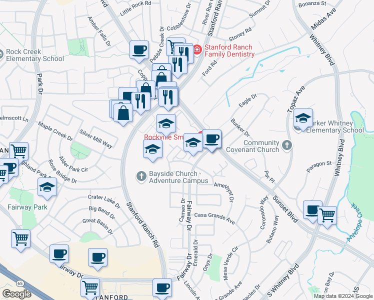 map of restaurants, bars, coffee shops, grocery stores, and more near 2204 Zephyr Cove in Rocklin