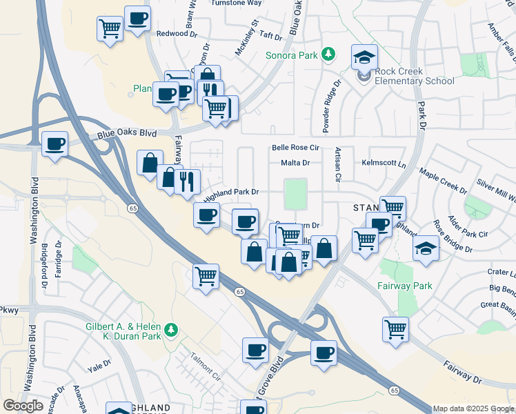 map of restaurants, bars, coffee shops, grocery stores, and more near 1606 Dante Circle in Roseville