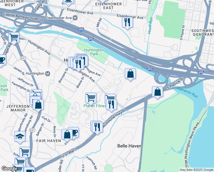 map of restaurants, bars, coffee shops, grocery stores, and more near 5808 Foley Street in Alexandria
