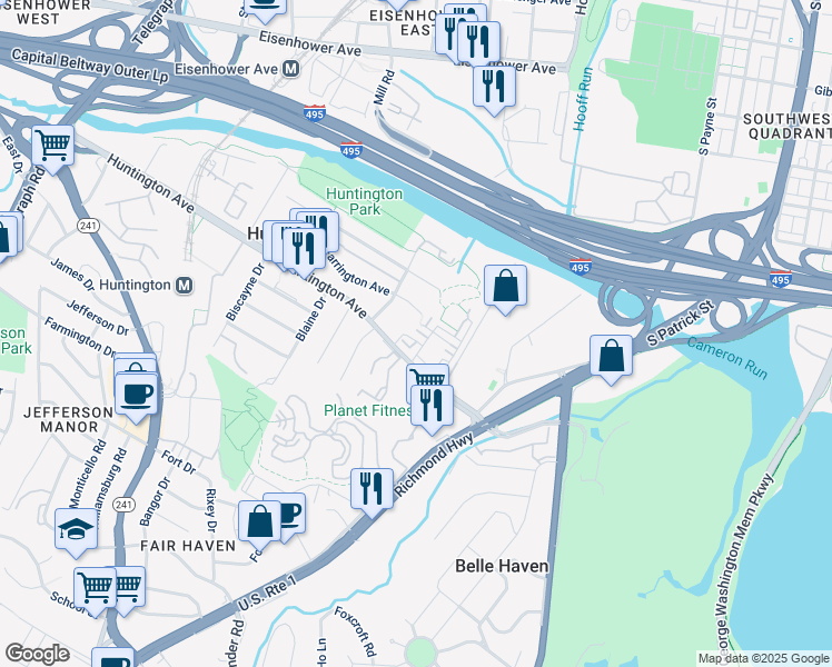 map of restaurants, bars, coffee shops, grocery stores, and more near 5808 Foley Street in Alexandria