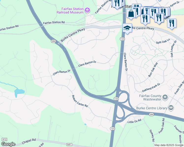 map of restaurants, bars, coffee shops, grocery stores, and more near 6098 Arrington Drive in Fairfax Station