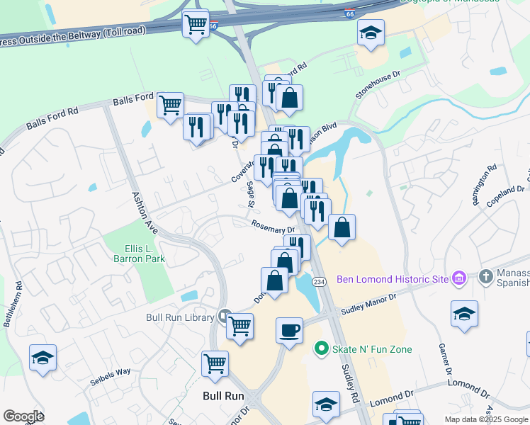 map of restaurants, bars, coffee shops, grocery stores, and more near 10780 Primrose Court in Manassas
