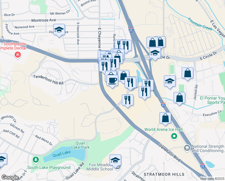 map of restaurants, bars, coffee shops, grocery stores, and more near 1630 East Cheyenne Mountain Boulevard in Colorado Springs