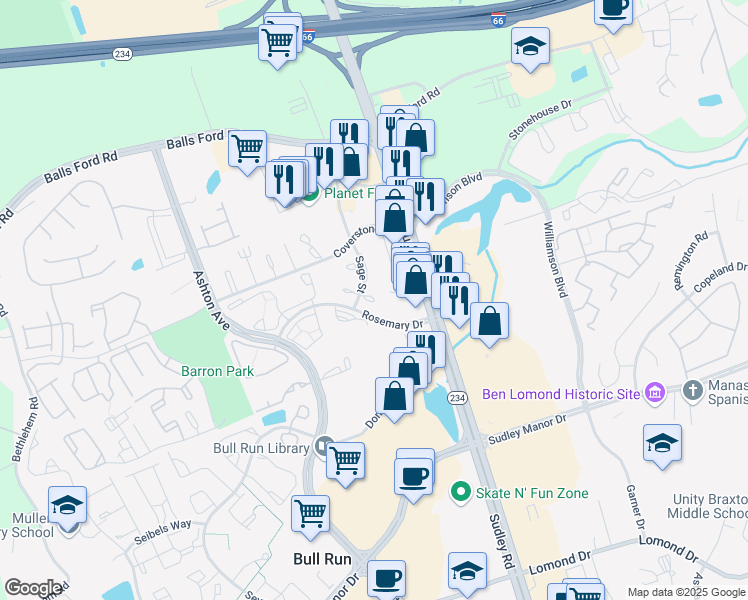 map of restaurants, bars, coffee shops, grocery stores, and more near Primrose Court in Manassas