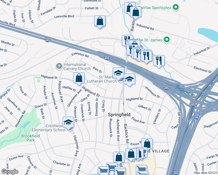 map of restaurants, bars, coffee shops, grocery stores, and more near 5811 Craig Street in Springfield