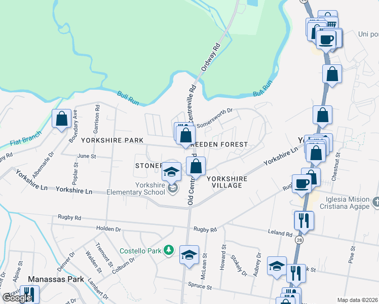 map of restaurants, bars, coffee shops, grocery stores, and more near 8699 Parkland Street in Manassas
