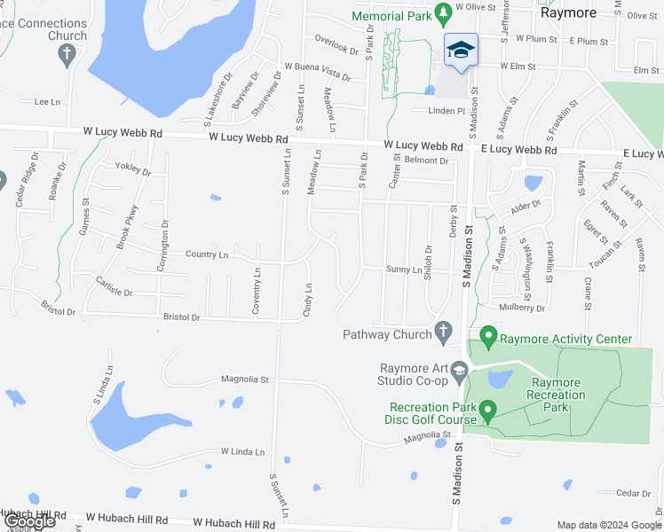 map of restaurants, bars, coffee shops, grocery stores, and more near 720 Meadow Lane in Raymore