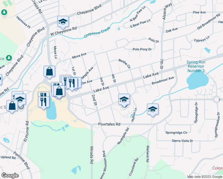 map of restaurants, bars, coffee shops, grocery stores, and more near 16 Lake Avenue in Colorado Springs