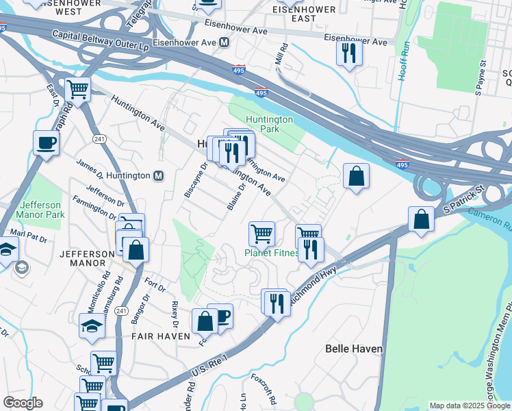 map of restaurants, bars, coffee shops, grocery stores, and more near 5819 Fifer Drive in Alexandria