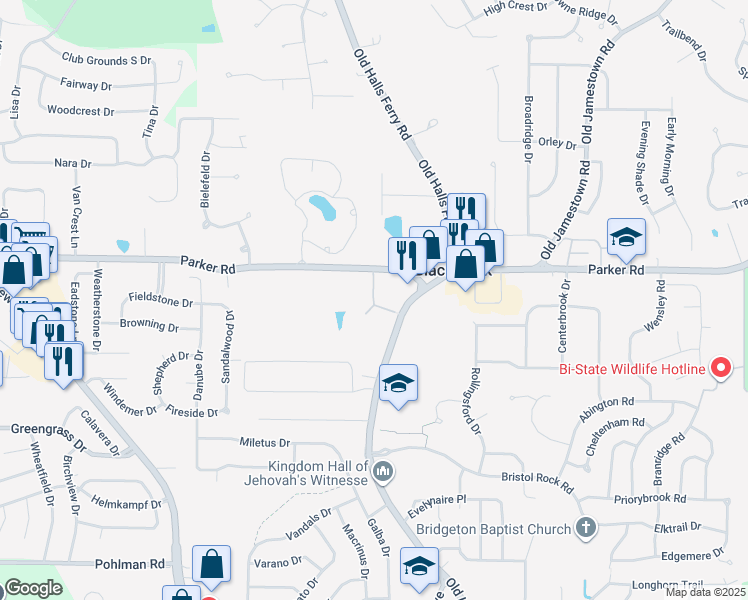 map of restaurants, bars, coffee shops, grocery stores, and more near 4583 Whisper Lake Drive in Florissant