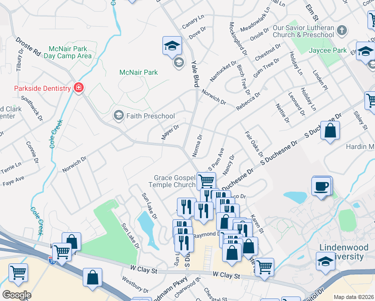 map of restaurants, bars, coffee shops, grocery stores, and more near 2702 Droste Road in Saint Charles