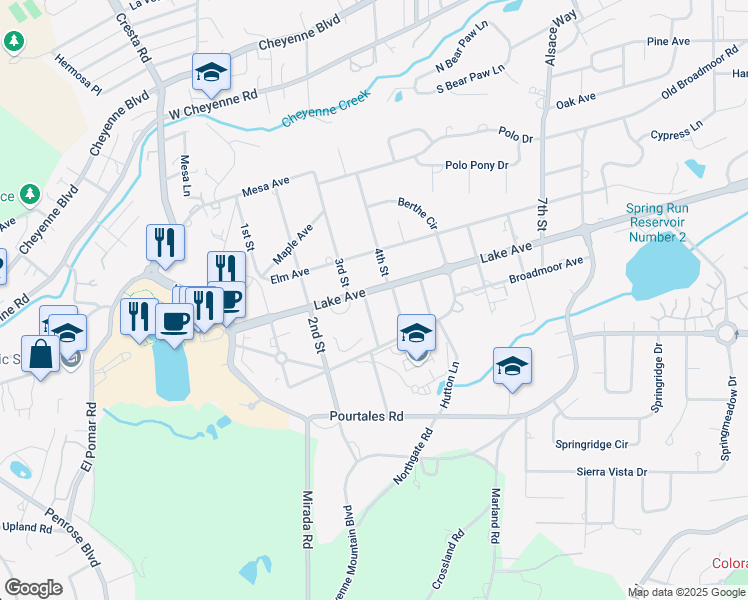 map of restaurants, bars, coffee shops, grocery stores, and more near 16 Lake Avenue in Colorado Springs