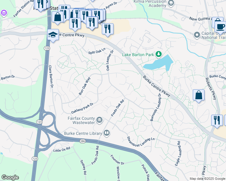 map of restaurants, bars, coffee shops, grocery stores, and more near 5816 Oak Leather Drive in Burke