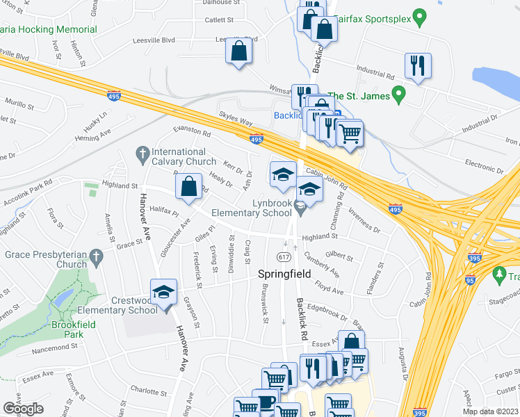 map of restaurants, bars, coffee shops, grocery stores, and more near 5811 Craig Street in Springfield
