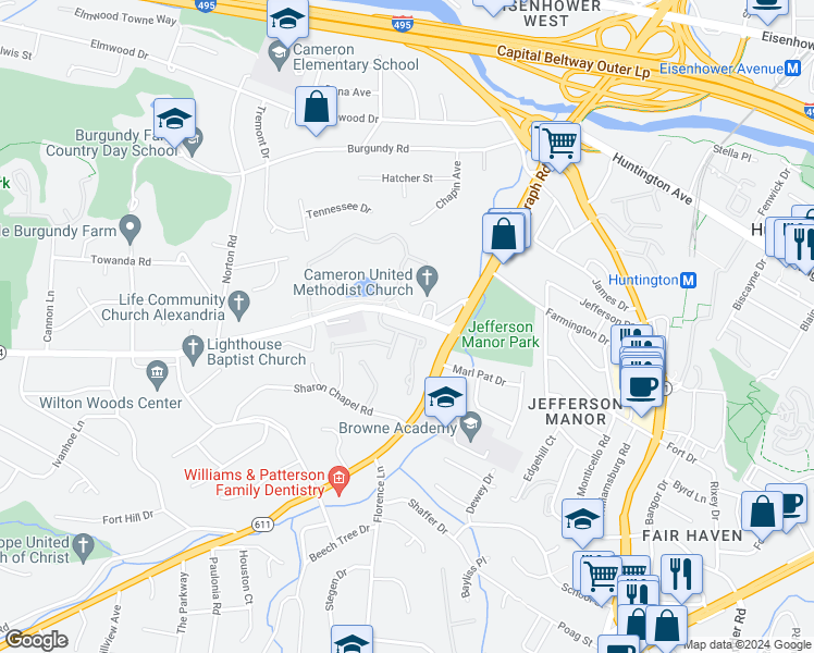 map of restaurants, bars, coffee shops, grocery stores, and more near 5829 Governors Hill Drive in Alexandria