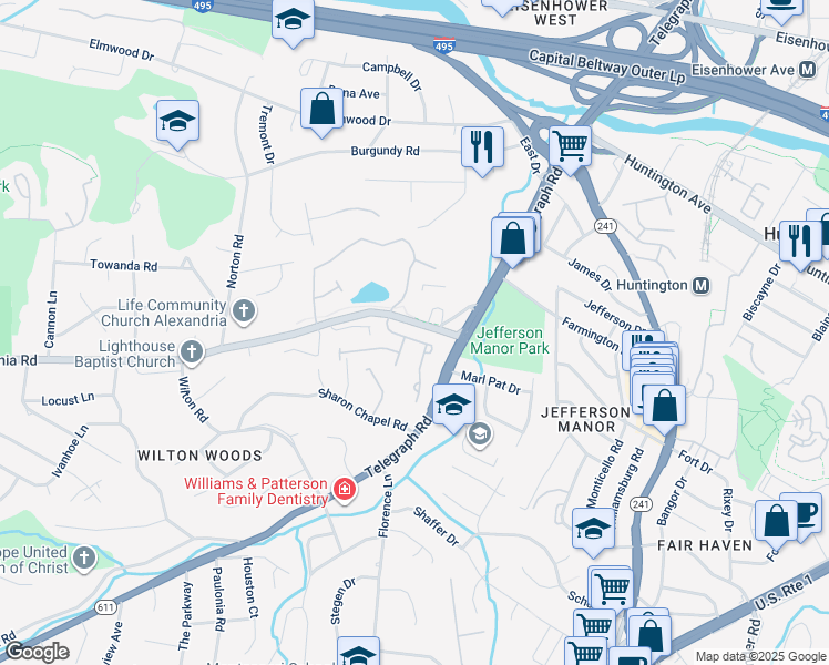 map of restaurants, bars, coffee shops, grocery stores, and more near 5829 Governors Hill Drive in Alexandria