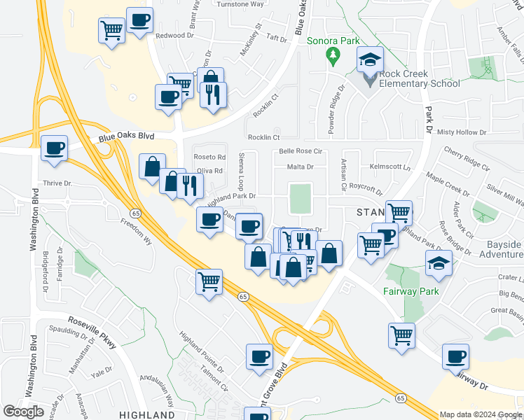 map of restaurants, bars, coffee shops, grocery stores, and more near 1607 Dante Circle in Roseville