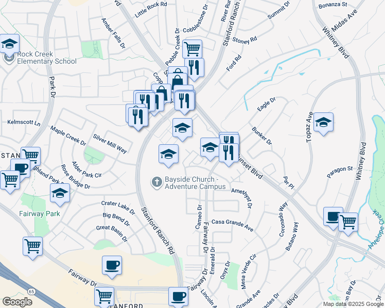 map of restaurants, bars, coffee shops, grocery stores, and more near 3339 Marlee Way in Rocklin